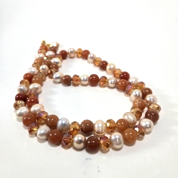 Hand Crafted Jewelry - Pearl and Cornelian Stone Necklace with Faceted Peach Crystal Beads 22" Classic
